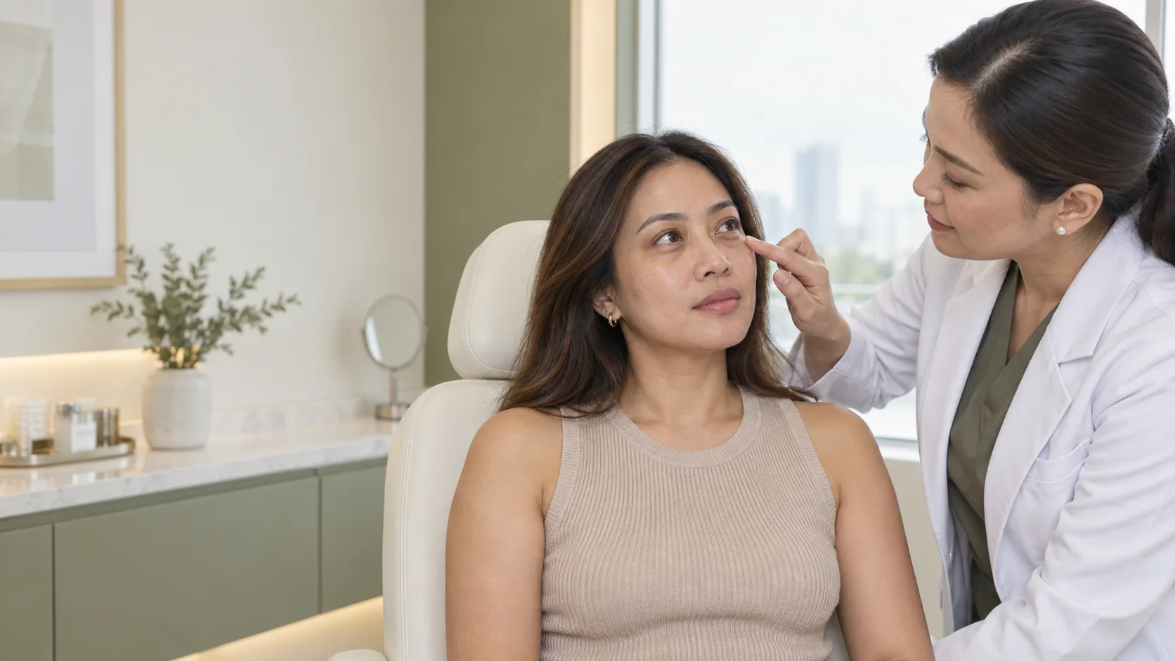 A dermatologist examining the under-eye area of an adult Filipina patient during a consultation