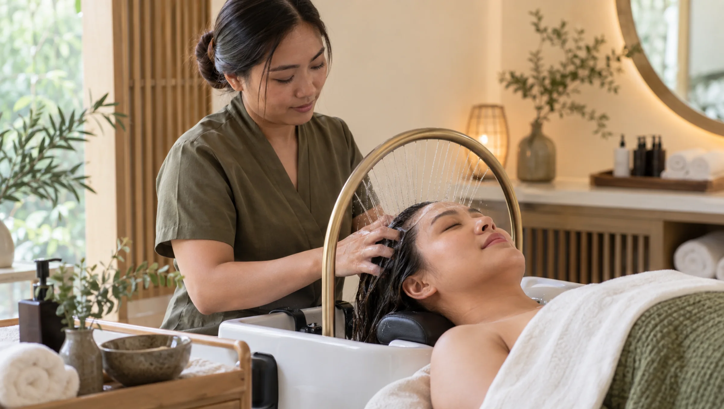 An adult Filipina client receiving a Japanese-style head spa treatment in a calm cream and olive room