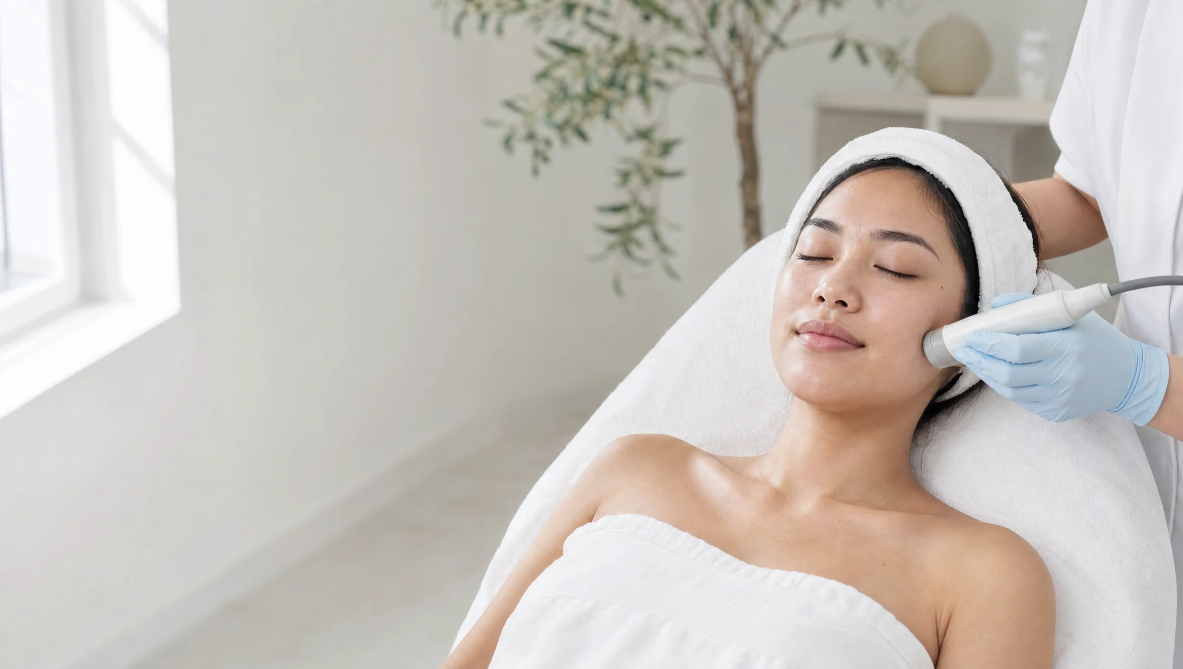 A woman having a facial treatment in a bright clinic room