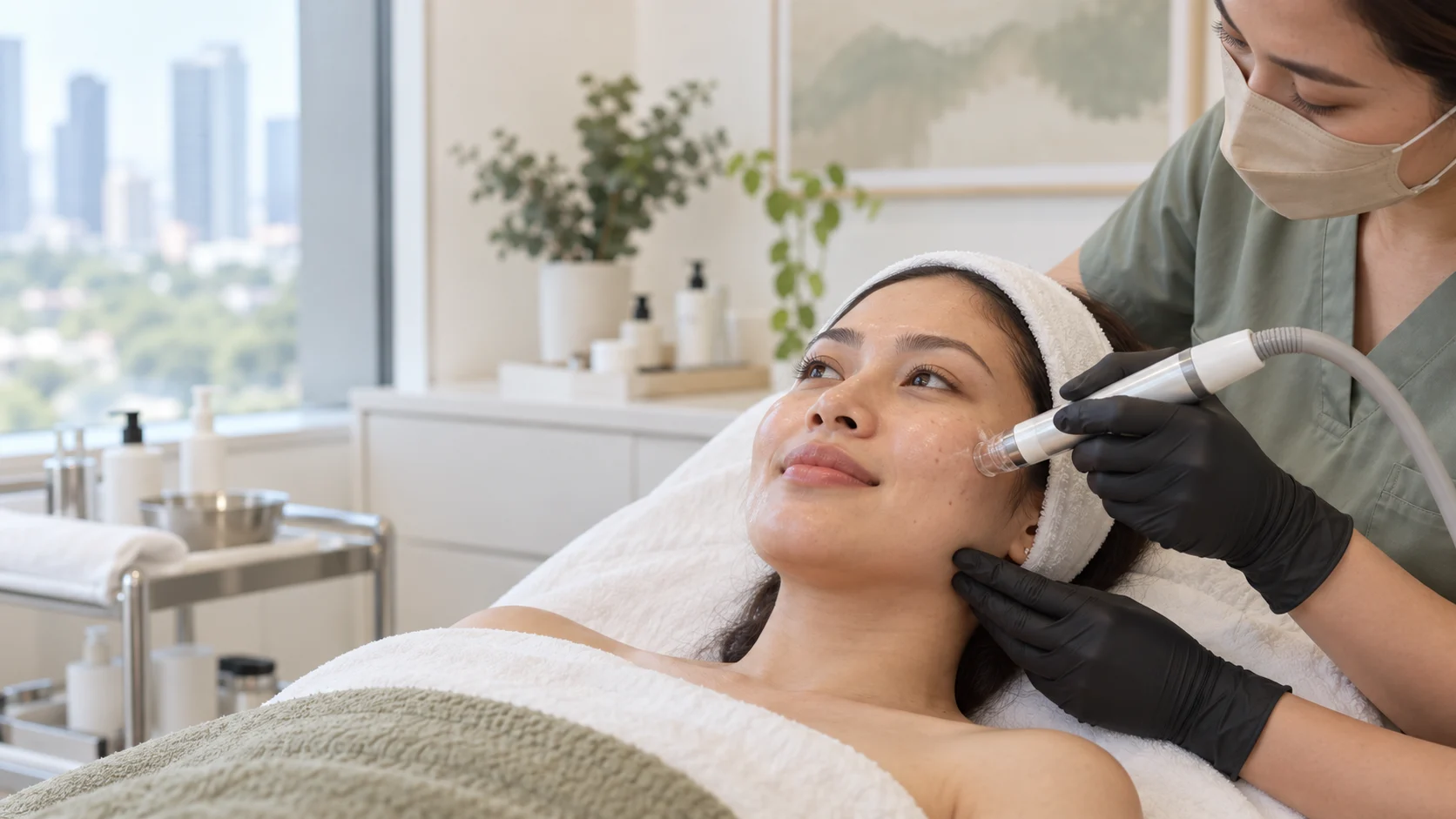 A Filipino client receiving hydrodermabrasion on her cheek in a bright clinic