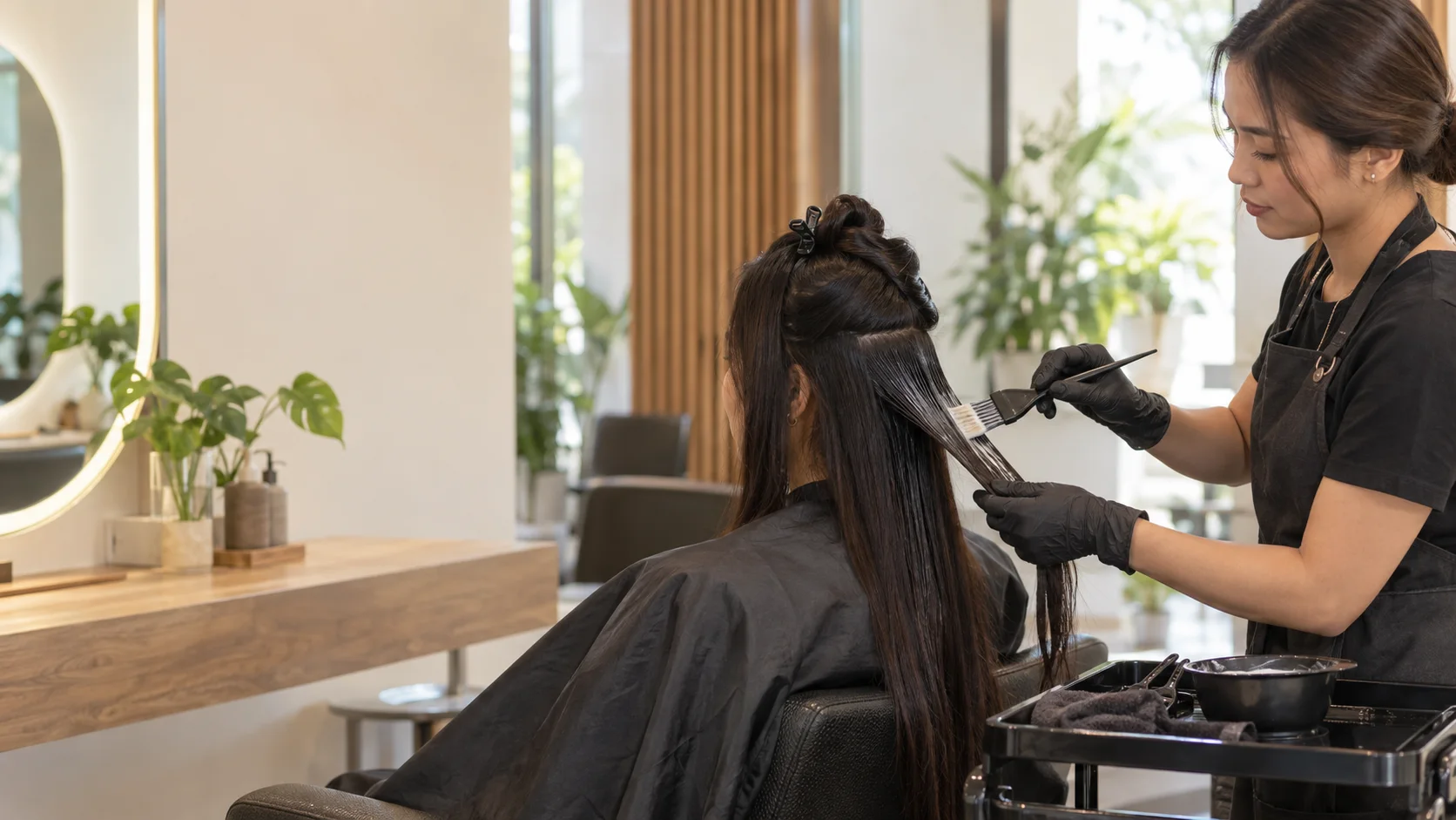 A stylist applying a keratin smoothing product to sectioned dark hair in a bright salon