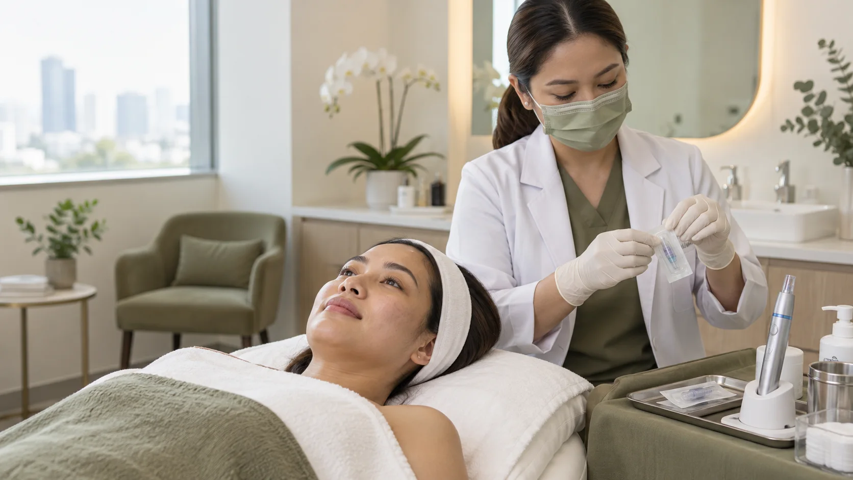A medical professional opening a sealed microneedling cartridge before treating an adult Filipina patient