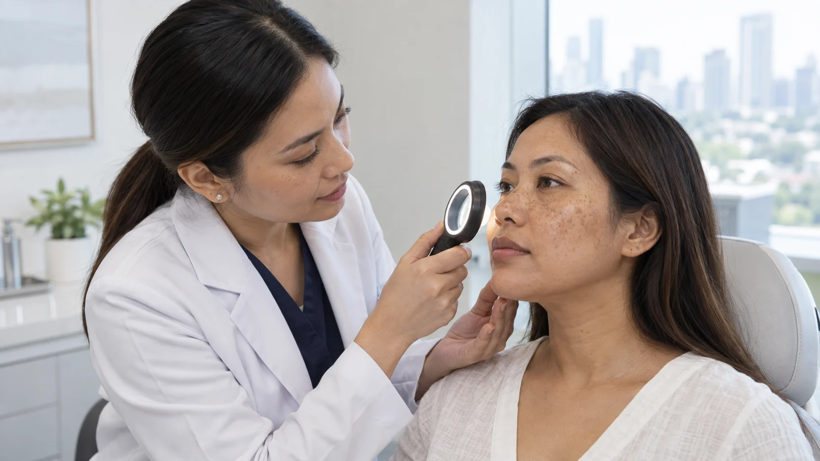 A clinician examining facial freckles and pigmentation on an adult Filipina patient