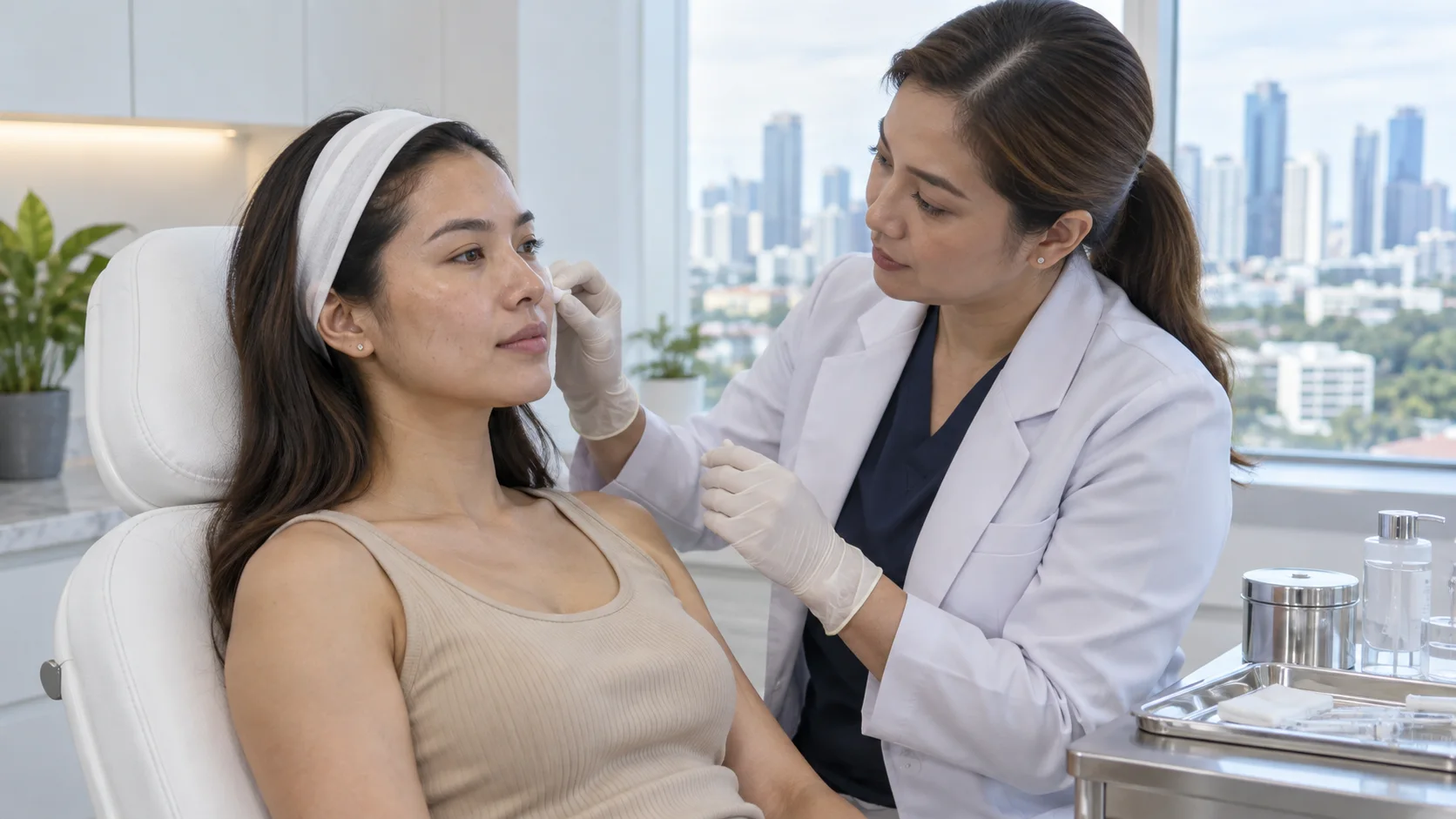 A clinician preparing an adult Filipina patient for a cheek-area skin-booster treatment
