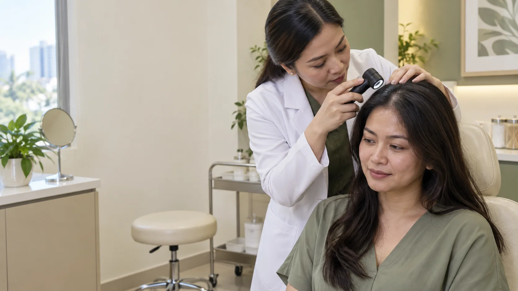 A dermatologist examining an adult Filipina patient's scalp with a dermatoscope